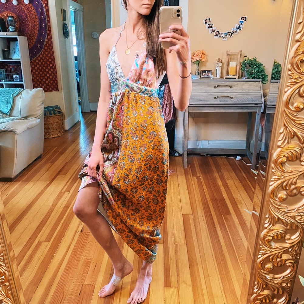 Vintage 100% Silk Y2k Patchwork Backless Halter G… - image 1